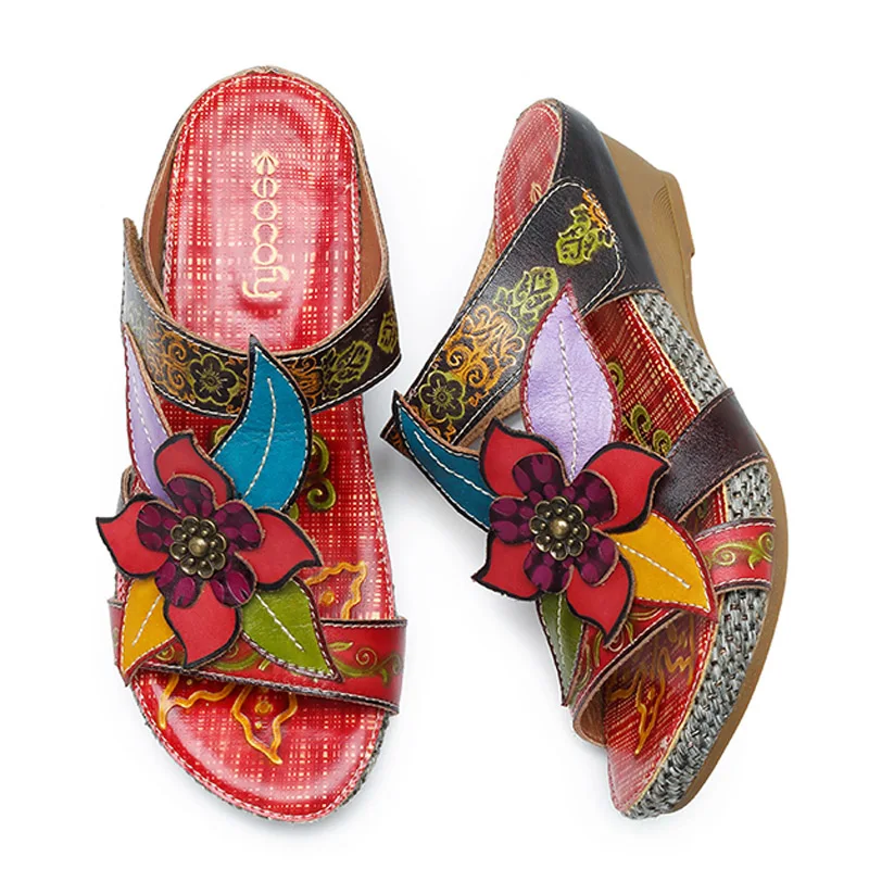 Sandalias De Hecho Genuino Zapatillas Verano rojo A Beige Socofy Deslice Cuero Tacones verde Retro Mujer Zapatos Mano Flor Bohemio Cuña 4Aqwx4a50n