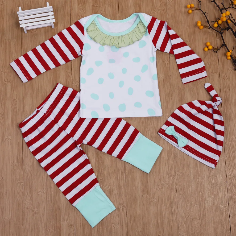 

Newborn Baby Girls Clothes Long Sleeve Stripe Dot T-shirt + Long Pants + Hat Outfits Set Children Clothing Kids Clothes Girls