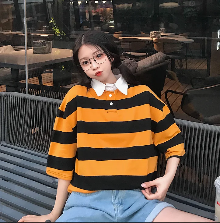 2019 в Корейском стиле новая мода Harajuku женская летняя футболка полоску с коротким