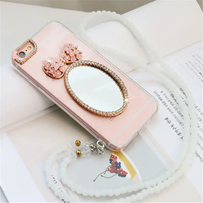 

For Samsung S6 S7 edge S8 S9 S10 Plus Note 3 4 5 8 9 Cute Bow Rhinestone Bowknot mirror Phone case Soft clear Back Cover lanyard