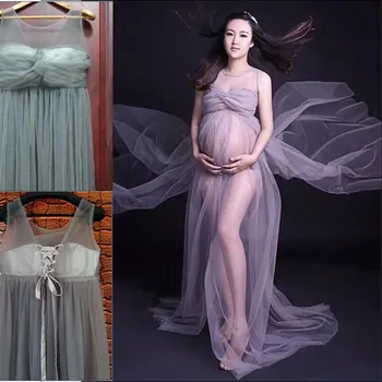 

High Quality Fashion Maternity Dress Silver Gray Gown Two Layer Gauze Photography Props Pregnant Women Long Dress Photo Shoot