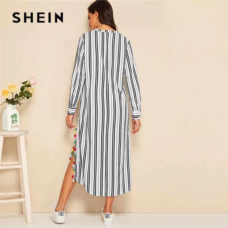 SHEIN Платье-туника в полоску с v-образным вырезом и кисточками сбоку, женское платье с длинным рукавом на весну и осень, черно-белое платье с v-образным вырезом