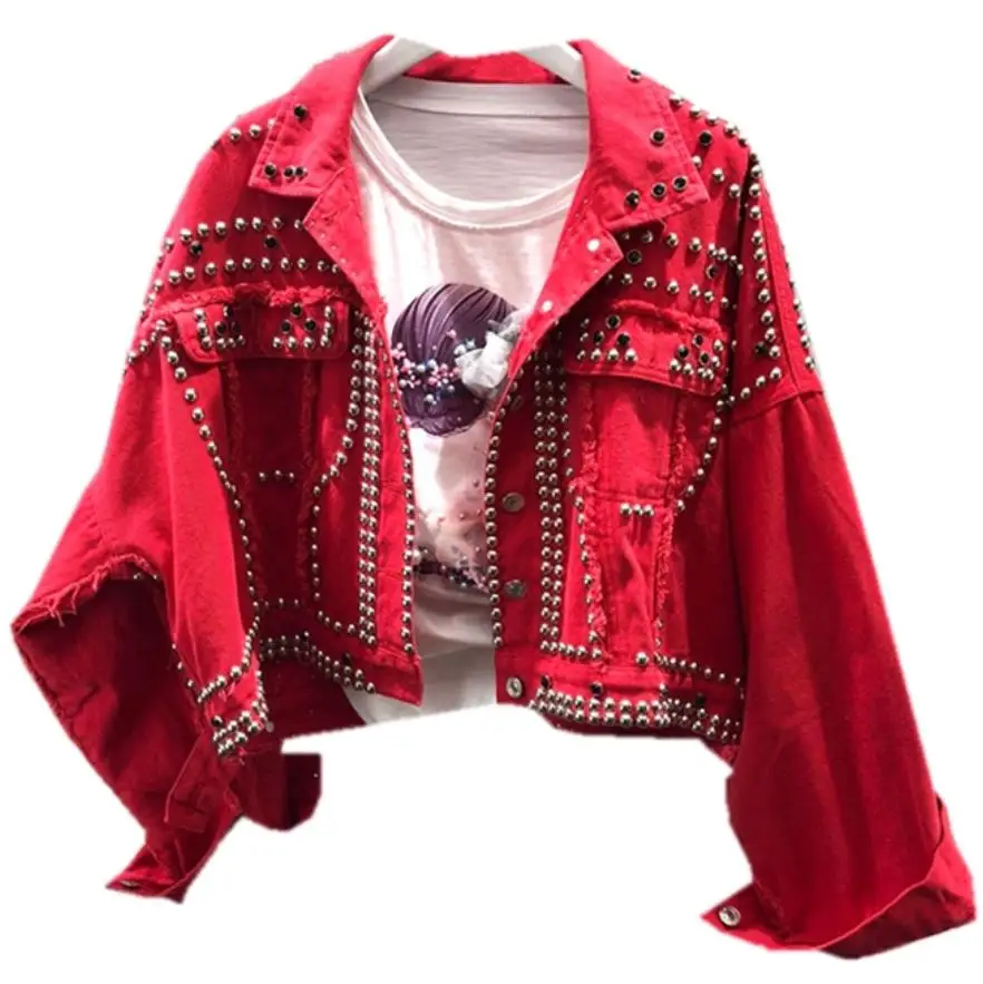 Perles blue Vestes Lourde Noir red Denim À Court Femmes Manteau Jeans Rivet Veste Main Mode Automne La De Black ZpwYT4vq