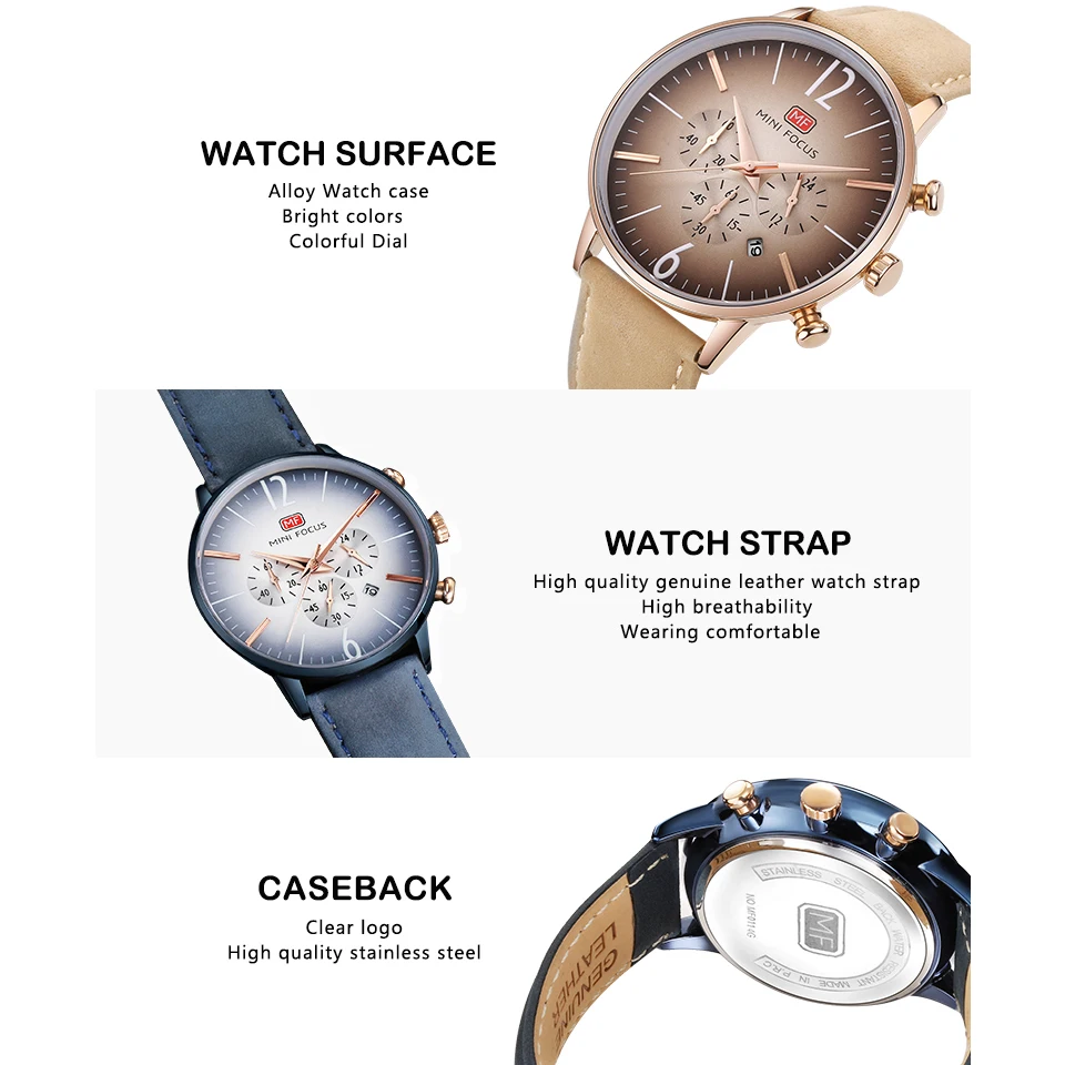 Модные Дизайнерские мужские часы с мини-фокусом, известный бренд, повседневные наручные часы с хронографом и календарем, мужские часы с кожаным ремешком, мужские часы
