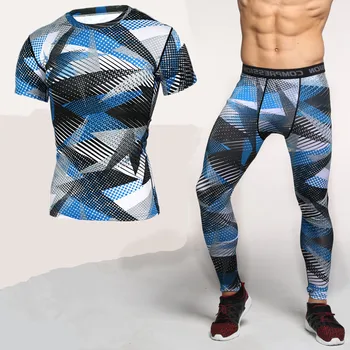 

2018 Fitness Tight Sport Suit Men Short Sleeve T-Shirt +Pant Men's Running Set Compression Gym Clothing Quick Dry Men's Sportswe