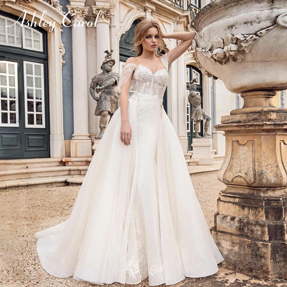 

Ashley Carol Sexy Sweetheart Cap Sleeve Backless Lace Mermaid Wedding Dress 2019 Lace Up Detachable Train Romantic Wedding Gowns