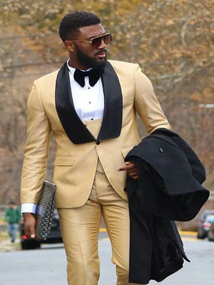 Gold Men Suits For Wedding Black Shawl Lapel Formal Tuxedos Groom Party Suit Blazer 3 Pieces Slim Fit Ternos Masculino | Мужская одежда