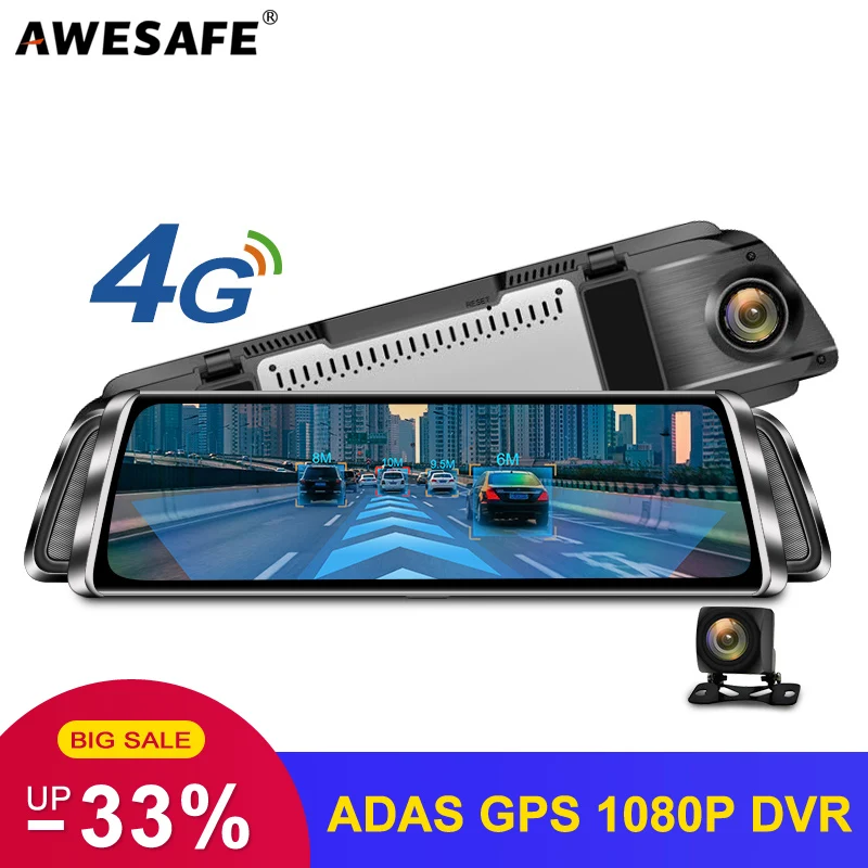 

AWESAFE 4G ADAS Car DVR Camera 10'' FHD 1080P Stream Media Rear View Mirror with GPS Dual Lens Dash Cam Android Registrar