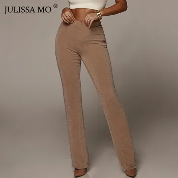 

JULISSA MO Solid High Waist Wide Leg Pants Women Autumn Sexy Party Club Flare Pants Casual Elastic Waist Trousers Pantalones
