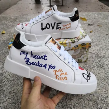 

Letters Graffiti Sneakers Woman Genuine Leather Plus Size Floral Woman Casual Shoes Handmade Tennis Flats Feminin White Shoes