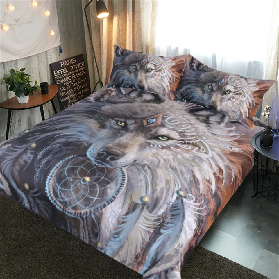 Wolf-Warrior-by-SunimaArt-Bedding-Set-Native-American-Duvet-Cover-Indian-Wolf-With-Feather-Dreamcatcher-Bed
