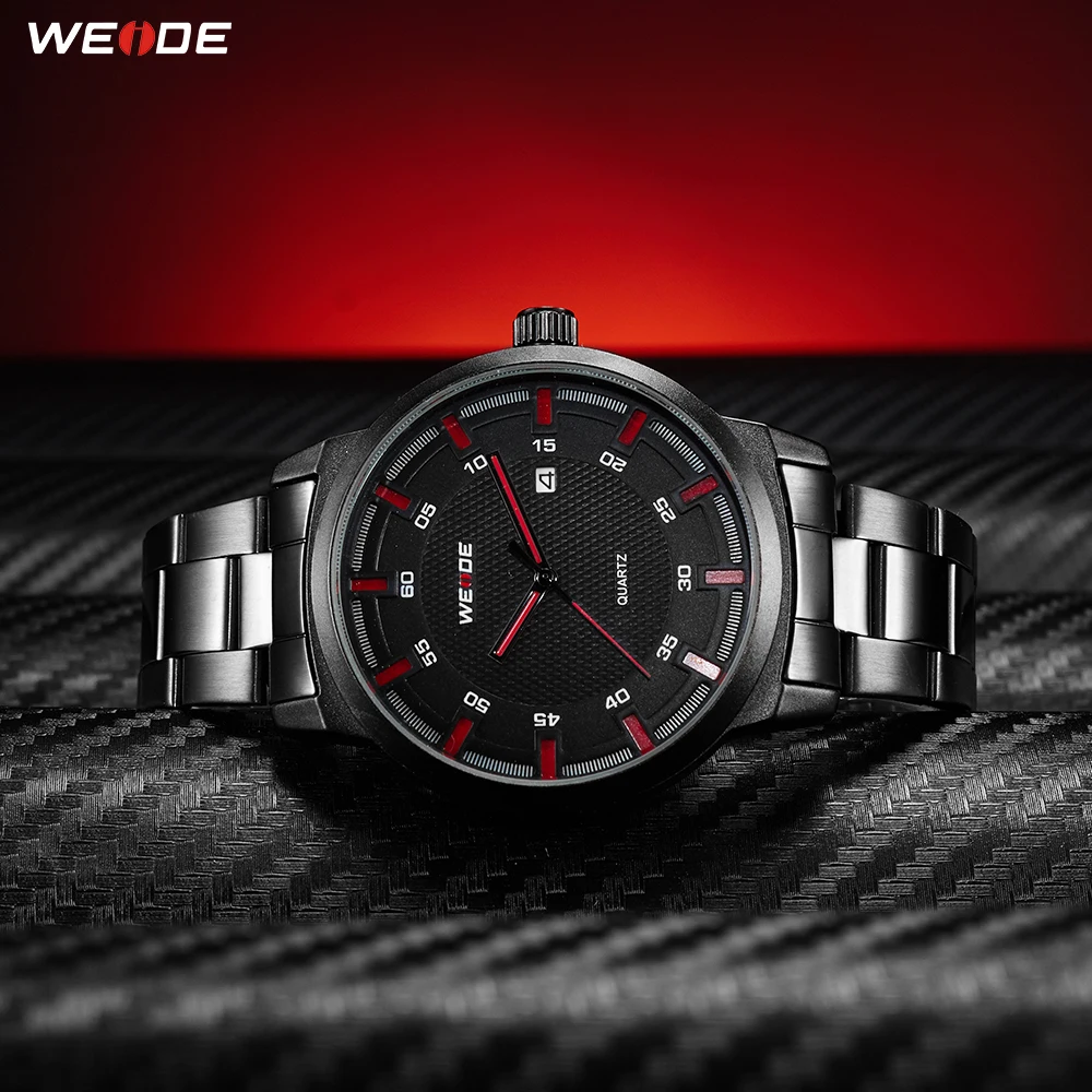 

WEIDE Quality Men Simple Red Hands Black Stainless Steel Belt Strap Military Quartz Movement Male Wristwatches relogio Masculino