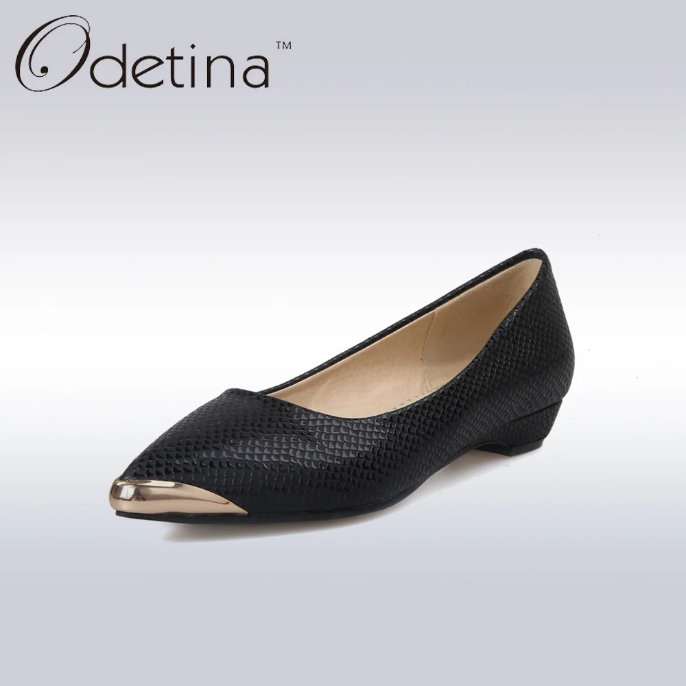 

Odetina 2019 New Women Pointed Metal Toe Women Ballet Flats Ballerinas Black Ladies Slip On Flats Plus Size Spring Casual Shoes