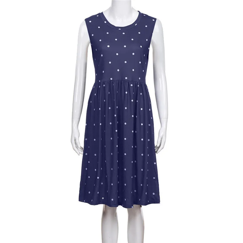  New Women Summer Fashion Pleated Polka Dot Pocket Loose Swing O-Neck Casual Midi Dress Elegant Lady Holiday Daily Dress #4R08 (46)
