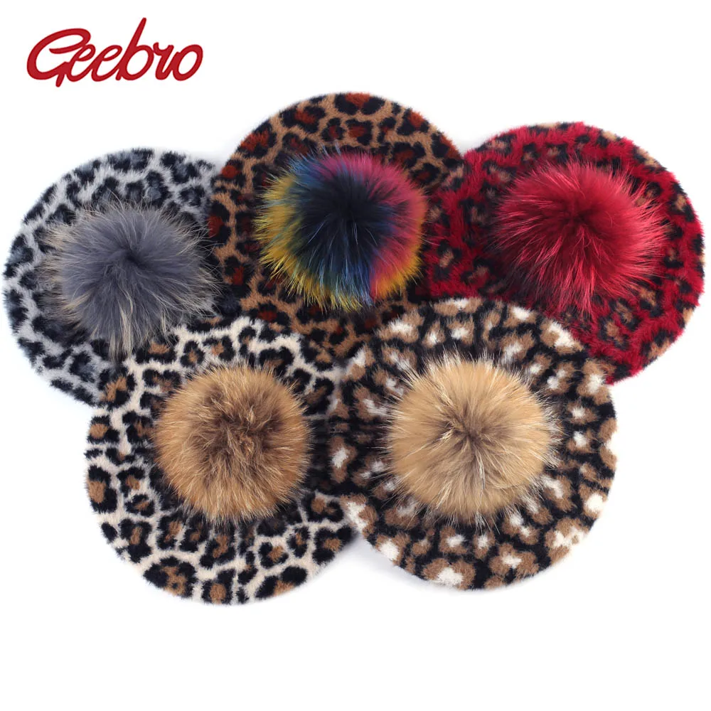 Koop Geebro vrouwen Luipaard Baret Hoed met Wasbeer Bont Pompom Winter Kasjmier Warm Franse Kunstenaar Baretten voor Femme Dames Wol hoeden