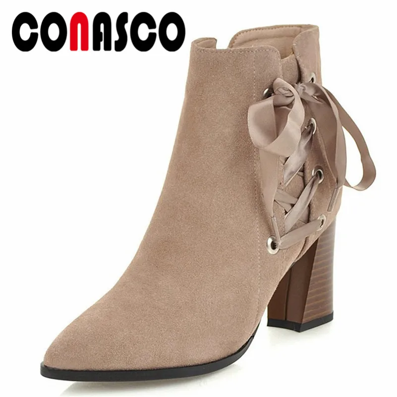 

CONASCO Ankle Boots For Women Platform High Heels Female Ribbons Lace Up Bowtie Wedding Party Shoes Woman New Short Boots