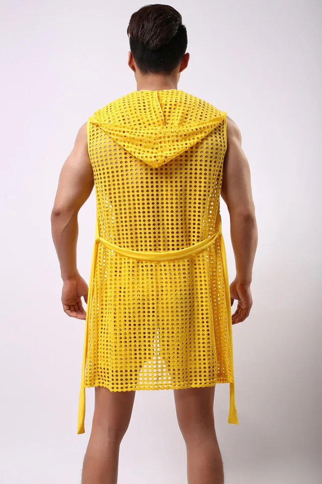 Сексуальная одежда для мужчин летние сексуальные сетчатые банные халаты с полым капюшоном пижамы Гей Секс Милая прозрачная одежда
