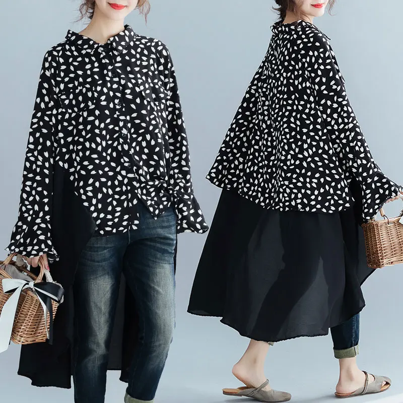 

New 2019 Spring Summer Women Korean Elegant Petal Print Splice Tops Lady Female Loose Chiffon Short Front Long Back Blouse Shirt