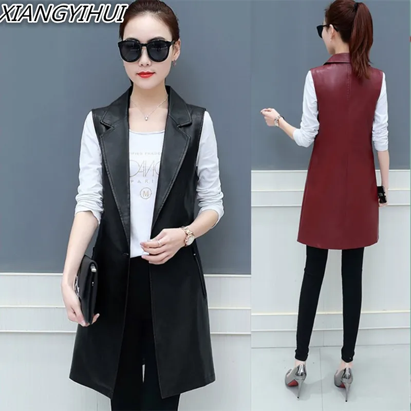 

Large Size 3XL 2018 High Quality PU Leather Red Women's Vest Long Leather Coat Female Spring Waistcoat for Women Feminine jacket