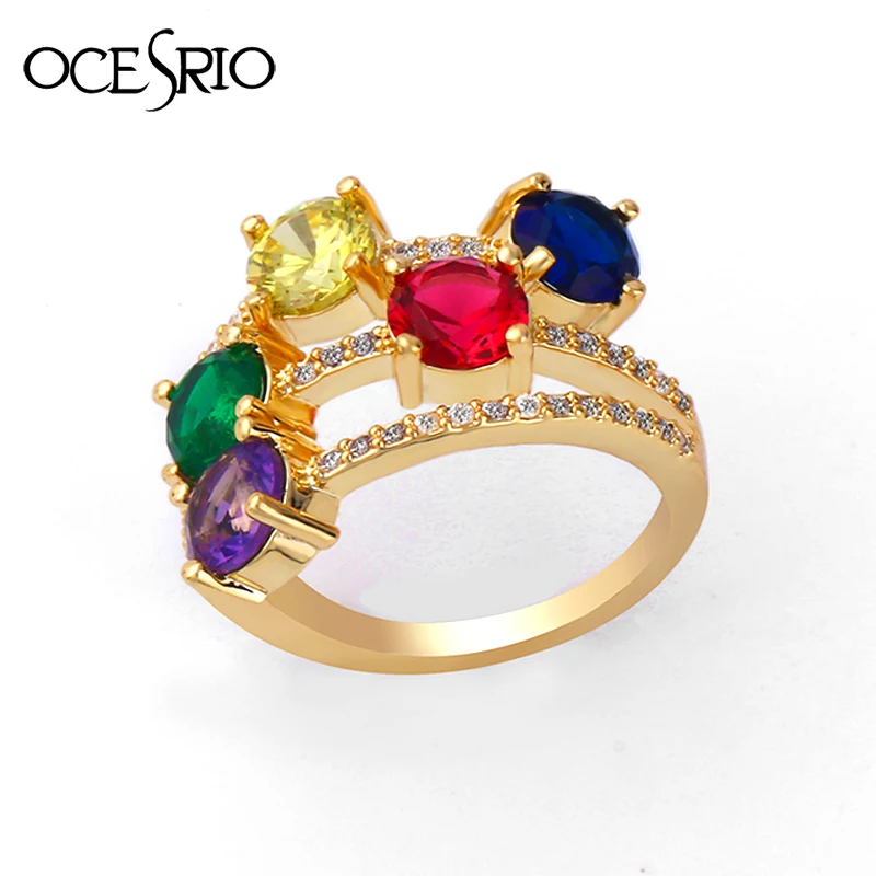 

OCESRIO Engagement LOVE Ring Colorful Red Blue Purple Yellow Green Stones AAA Cubic Zircon Gold Ring for Women Fashion Jewelry