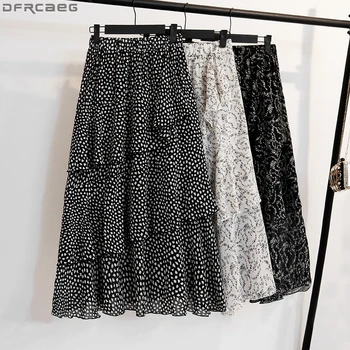 

Casual Summer Skirts Womens Plus Size Elastic High Waist Jupe Femme Print Floral Long Pleated Skirt Chiffon Ruffles Faldas Mujer