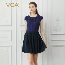 VOA Женские топы из тяжелого шелка, футболка размера плюс 5XL, футболка, базовый пуловер, винтажный китайский стиль, тонкий, темно-синий, летний, короткий рукав, B516