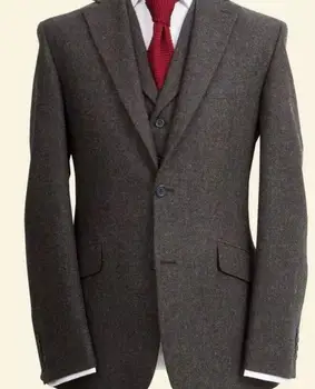 Najtaniej Nowy Dostosowane Wykonane Ciemny Szary Tweed Smokingi W Stylu Brytyjskim Męskie Garnitury Slim Fit Blazer Garnitury ślubne Dla Mężczyzn (garnitur + Spodnie)