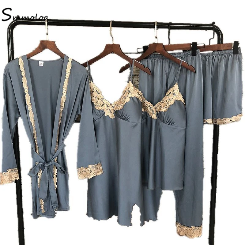 

Smmoloa Women Sexy Silk Satin Striped Pajamas Set 5Piece Spring Summer Sleepwear Pyjamas Sets