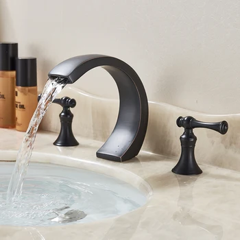 

Bathroom Basin Faucet 3pc Oil Rubbed Bronze Basin Water Taps Two Handles Three Holes Deck Mounted
