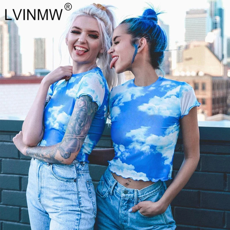 LVINMW сексуальный сетчатый топ с оборками коротким рукавом и принтом неба 2019