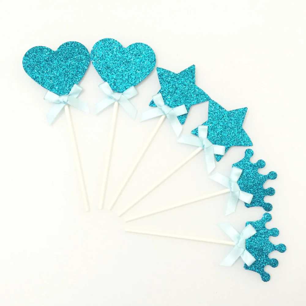 

24pcs Glitter Foam Silver Turquoise Blue Cupcake Picks Baby Shower Boys Birthday Cupcake Toppers Party Decoration