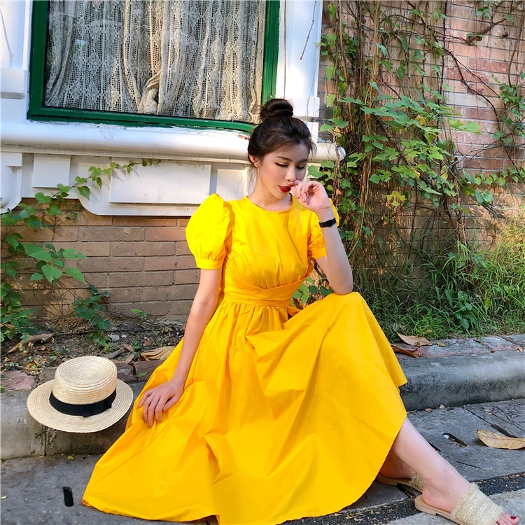 Модное женское платье в винтажном стиле, летнее платье с пышными рукавами, Необычные Вечерние платья, платья с перекрестной повязкой и бантом, платья средней длины с высокой талией - Цвет: Цвет: желтый