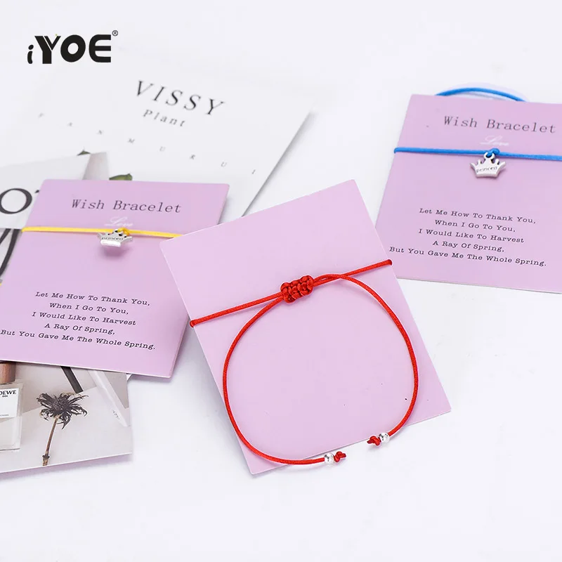 IYOE Wish Card, браслет с красной нитью для женщин и детей, корона принцессы, ручная плетеная веревка, Парные браслеты, семейные ювелирные изделия для дружбы