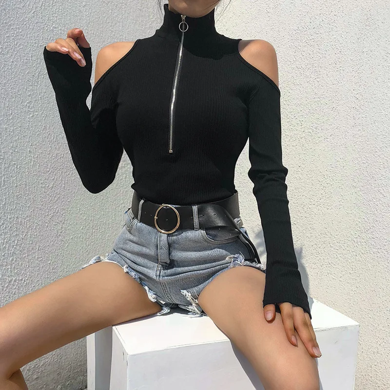 

JIEZuoFang Simenual Turtleneck zipper bodysuits with open soulders 2019 long sleeve fashion sexy bandage black jumpsuit Sweater