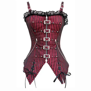 

Red And Black Striped Satin Straps Corsets And Bustiers Chains Buckle Zipper Waist Trainer Corset Corselet Steampunk Clothing