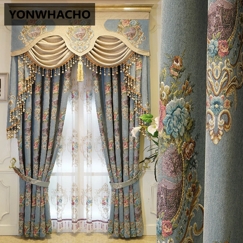 

Custom curtains Luxury European chenille Jacquard luxury thickening shade blue cloth blackout curtain tulle valance N510