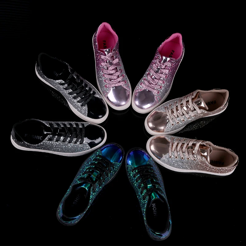 

2019 Women's Reflective Bling Shoes Leisure Canvas Shoes Ladies Low-cut Lace-up Sneakers Female Retro Modis Shoes Size 36-41