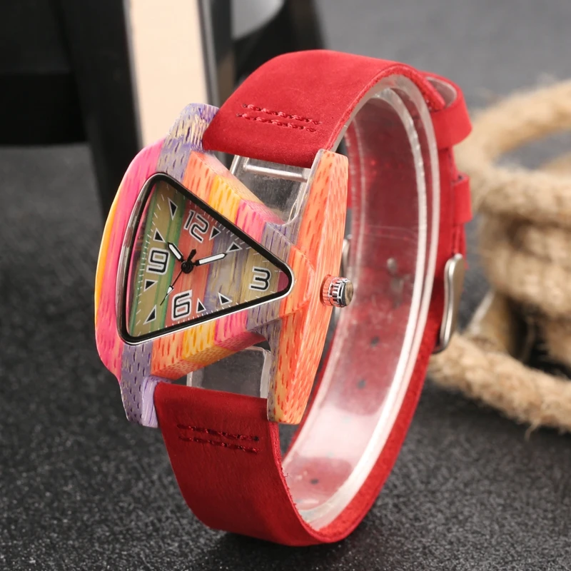 Unique Colorful Wood Watch Creative Triangle Shape Dial Hour Clock Women Quartz Leather Bracelet Watch Women's Wrist Reloj Mujer (41)