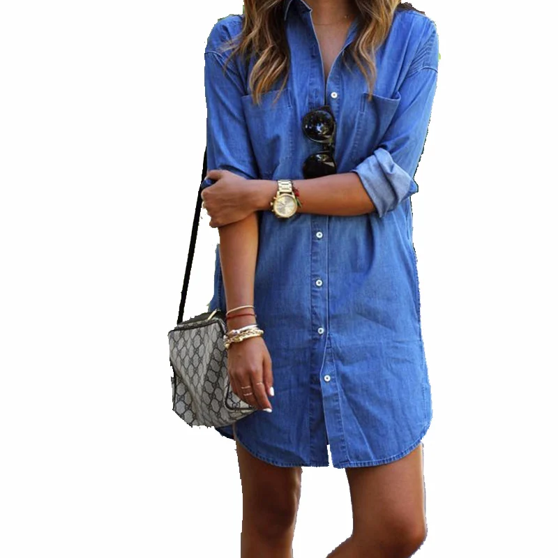 2018 New Women Casual Denim Blouse Pockets Elegant Cowboy