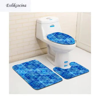 

Free Shipping 3pcs Blue Geometry Banyo Bathroom Carpet Toilet U Type Bath Mat Set Non Slip Tapis Salle De Bain Alfombra Bano