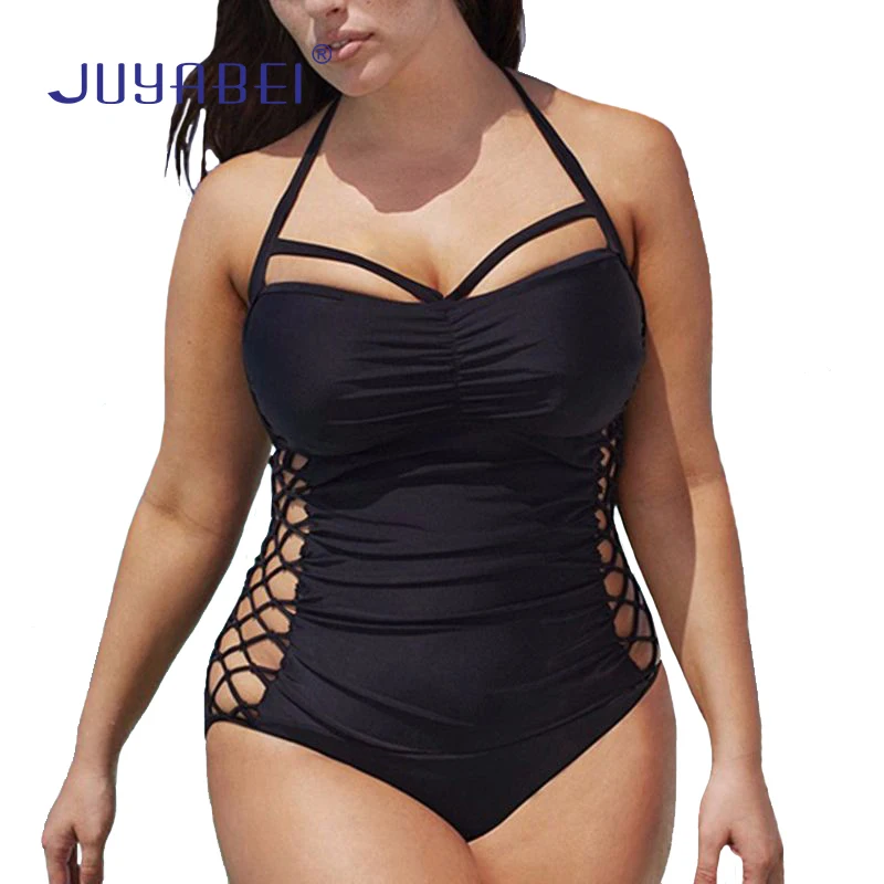 JUYABEI Women Halter Push Up Cross Bandage One-piece Black Swimwear Bathing Suit Hollow Sexy Plus Size Swimsuit Monokini L-5XL plus-size-black-swimsuit : image JUYABEI Women Halter Push Up Cross Bandage One-piece Black Swimwear Bathing Suit Hollow Sexy Plus Size Swimsuit Monokini L-5XL plus-size-black-swimsuit