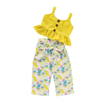 

Summer Infant Baby Kid Girl Cute Sleeveless Set Ruffle Vest Tops Printed Pants Outfits Set Clothes Fashion Kids Princess Set