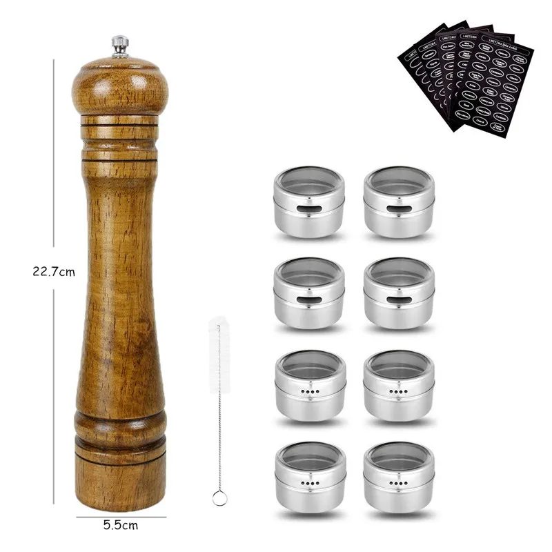 LMETJMA деревянная соль мельница для перца и магнитный Набор банок для специй измельчители для перца солонка с регулируемым керамическим ротором KC0215 - Цвет: Серебристый