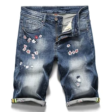 Летние новые мужские джинсовые шорты 3D вышивка цветок Модные Повседневные облегающие эластичные джинсы короткая мужская брендовая одежда