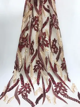 

2019 Latest French Nigerian Laces Fabric Wine Red Gold Sequins Tulle African Laces Fabric Wedding African French 3D Lace fabric