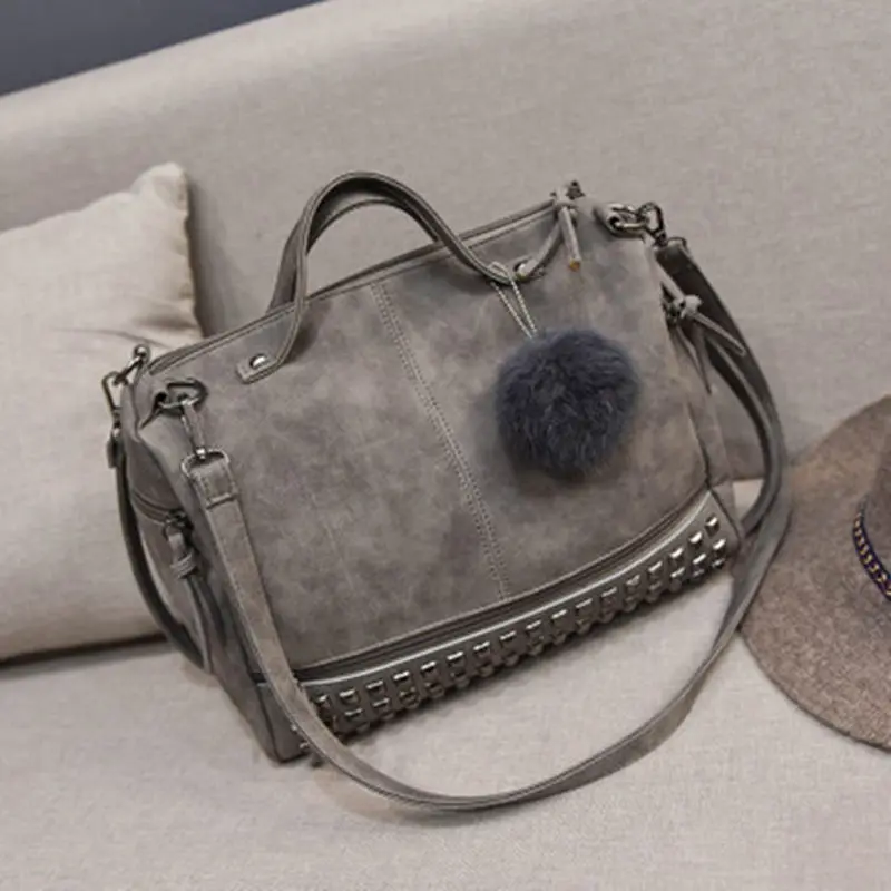 

Vintage Nubuck Leather Female Top-handle Bags Rivet Larger Women Bags Hair Ball Shoulder Bag Motorcycle Messenger Bag