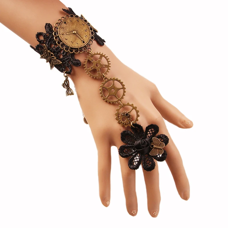 

Hot-selling European and American Vintage Black Lace Watch Bracelet female steam engine gear flower hand jewelry with RingS356