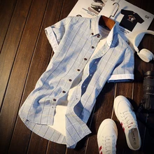 Слева ПЗУ летний модный мужской хлопок в клетку с короткими рукавами рубашки/мужские тонкие лацканы повседневные рубашки с короткими рукавами