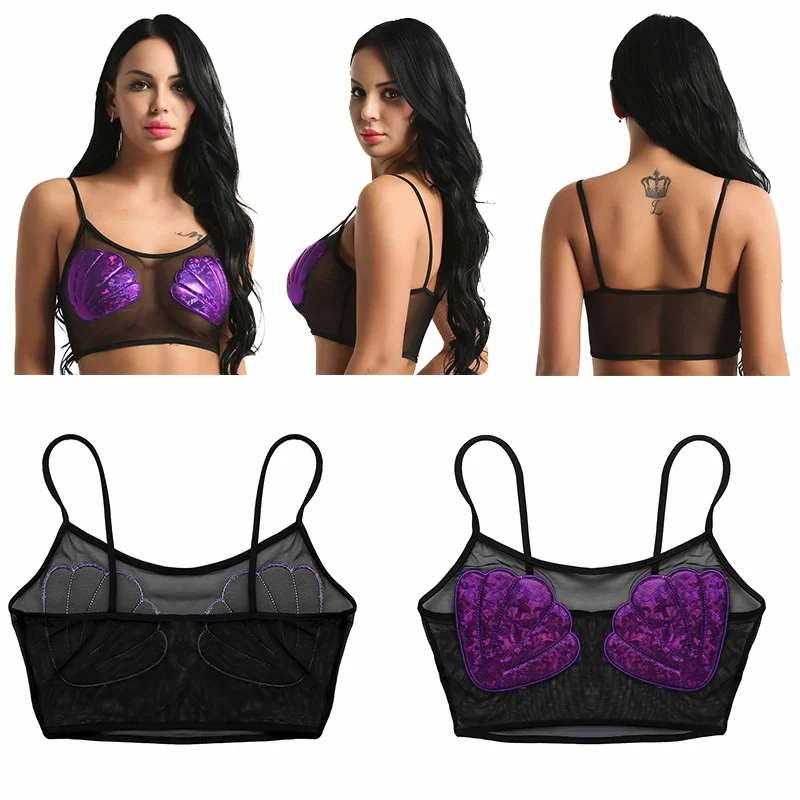 

Sexy Women Bra Vest Tank Tops Semi-see Through Sheer Mesh Mermaid Sea Shell Vest Crop Top Cami Bra Sexy Tops for Women