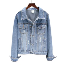 Spring Autumn 2019 Women Elegant Button Ripped Holes Jean Jacket Female Vintage Pocket Long Sleeve Denim Coat Casacos Feminino